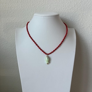 Red Bead Necklace with Green Fish Charm | Handmade Summer Jewelry | Boho Beach Necklace | Fun Gift for Her