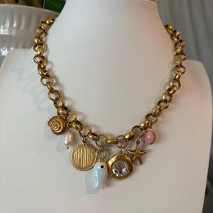 16&quot; Antiqued Gold Charm Necklace / Chunky Charm Necklace / Pearl Charm Necklace / Fish Charm Necklace