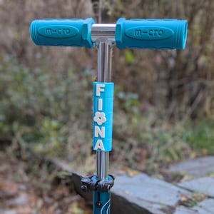 May include: A blue scooter with a personalized name tag that says "Fiona" with a white flower design. The scooter has blue handlebars with the text "m-cro" on each handle.