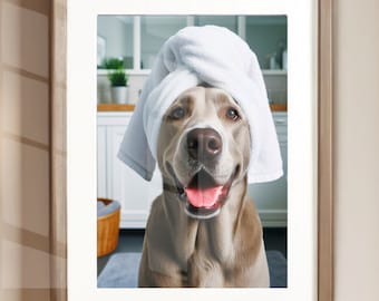 Funny Silver Lab Bathroom Poster Print: Dog with Towel Wall Art, Unframed Print