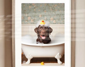 Chocolate Lab Bath Poster: Funny Dog Bathroom Art Print (Unframed Print)