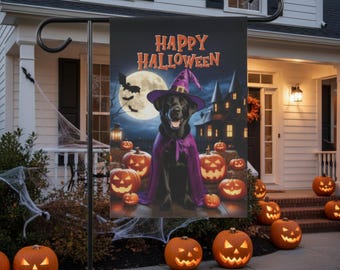 Black Lab Halloween Flag Witch Hat Dog Banner Halloween Yard Decoration Garden & House Flag Outdoor Black Labrador Halloween Decor
