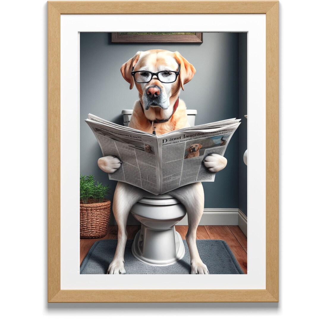 Yellow Lab Reading Newspaper on Toilet Bathroom Humor Poster Print ...