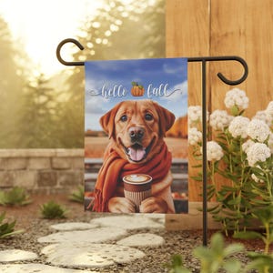 Fox Red Lab Flag, Hello Fall Flag, Lab Outdoor Yard Garden Flag, Dog Garden House Banner, Lab Mom Unique Gift, Pumpkin Latte Autumn Decor