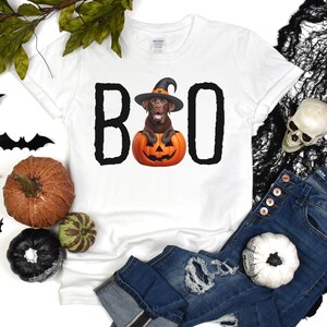Halloween Shirt Chocolate Lab Puppy Pumpkin BOO Witch Hat Dog Shirt Cute Halloween Dog T-Shirt Chocolate Lab Mom Gift Fall Hooded TShirt