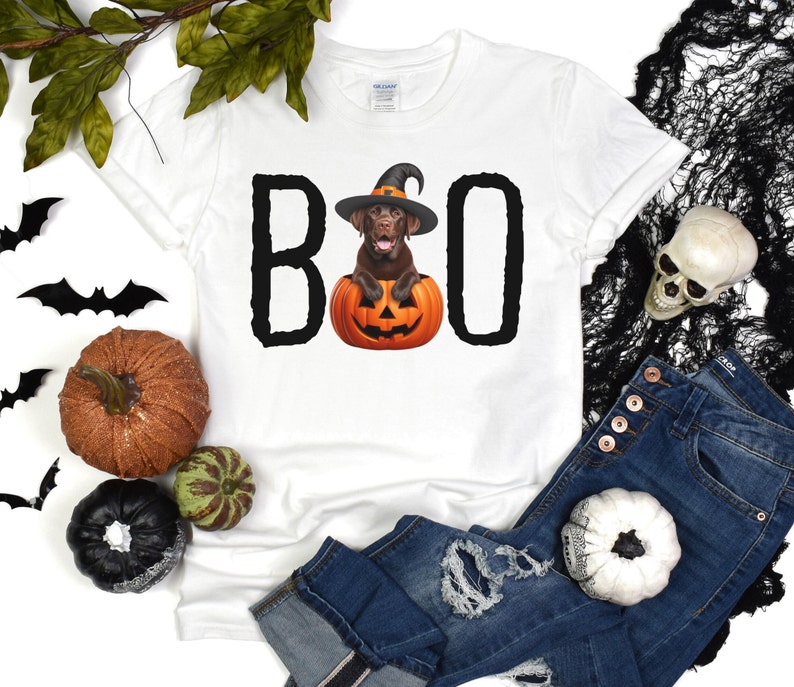 Halloween Shirt Chocolate Lab Puppy Pumpkin BOO Witch Hat Dog Shirt Cute Halloween Dog T-Shirt Chocolate Lab Mom Gift Fall Hooded TShirt