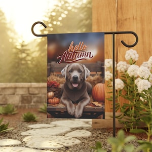 Silver Lab Flag, Hello Autumn Flag, Lab Outdoor Yard Garden Flag, Dog Garden House Banner, Lab Mom Unique Gift, Pumpkin Latte Dog Decor