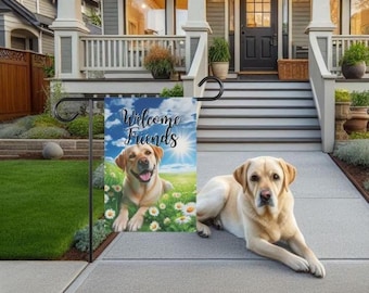 May include: A garden flag with the words "Welcome Friends" and a picture of a yellow Labrador Retriever dog in a field of daisies. A real yellow Labrador Retriever dog is lying on the ground in front of the flag.