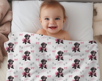 Black Lab Personalized Baby Swaddle Blanket, Puppy, Coquette Bow, Pink Tutu, Newborn Photo Prop, Coming Home Outfit, Receiving Blanket Gift