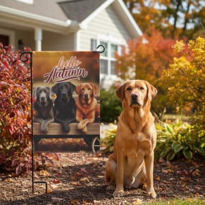 Lab Trio Fall Flag, Fall Labrador Garden Flag, Autumn Decor with Silver, Chocolate, White Labs, Cozy Dog Lovers Gift for Porch, Yard Display