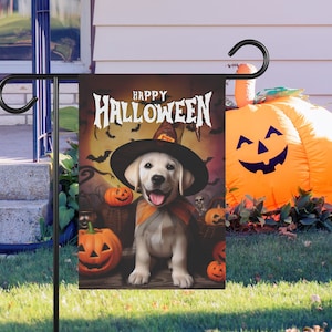 Yellow Lab Halloween Garden Flag Witch Hat Dog Banner Halloween Yard Decoration Garden & House Flag Outdoor Yellow Labrador Halloween Decor