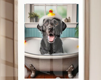 Black Lab in Bubble Bath Poster Print – Funny Bathroom Dog Wall Art (Unframed Print)