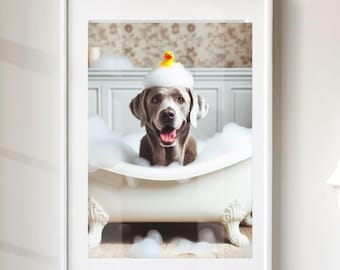 Funny Silver Lab in Bathtub Poster – Bathroom Dog Art Print (Unframed)