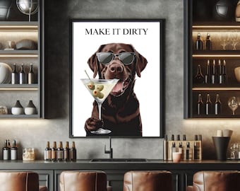 Chocolate Lab Wall Art, Chocolate Labrador Digital Download, Martini Print, Home Bar Decor Printable, Man Cave Decor, Dorm Game Room Print