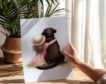 Chocolate Lab Nursery Print, Girl and Dog Watercolor Art, Digital Download