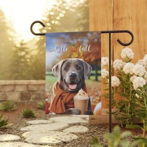 Silver Lab Flag, Hello Fall Flag, Lab Outdoor Yard Garden Flag, Dog Garden House Banner, Lab Mom Unique Gift, Pumpkin Latte Autumn Dog Decor