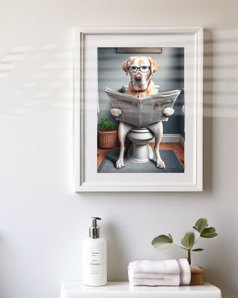Yellow Lab Reading Newspaper on Toilet Bathroom Humor Poster Print Art ...