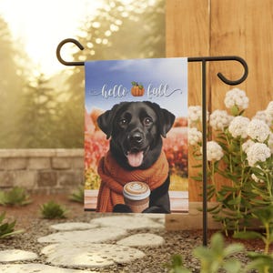 Black Lab Flag, Hello Fall Flag, Lab Outdoor Yard Garden Flag, Dog Garden House Banner, Lab Mom Unique Gift, Pumpkin Latte Autumn Decor