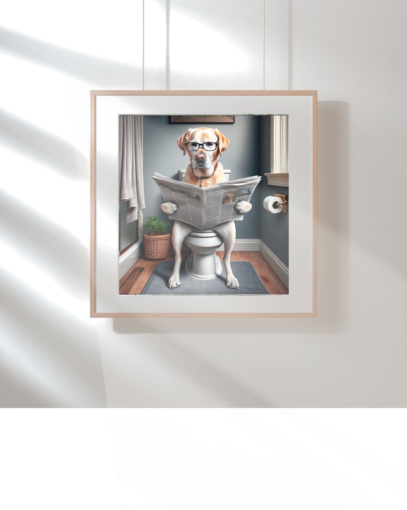 Yellow Lab Reading Newspaper on Toilet Bathroom Humor Poster Print Art ...