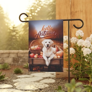 White Lab Flag, Hello Autumn Flag, Lab Outdoor Yard Garden Flag, Dog Garden House Banner, Lab Mom Unique Gift, Pumpkin Latte Dog Decor