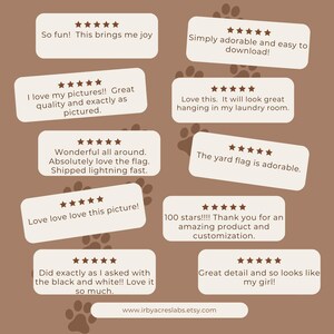 May include: A collection of positive customer reviews for a personalized yard flag. The reviews highlight the quality, speed of shipping, and customization options. The reviews include five-star ratings and positive comments such as "Love love love this picture!" and "Great detail and so looks like my girl!"