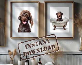 Chocolate Lab in Bathroom Print Set Two PRINTABLE Chocolate Labrador Funny Dog Bath Picture Bathroom Humor Lab Home Decor DIGITAL DOWNLOAD