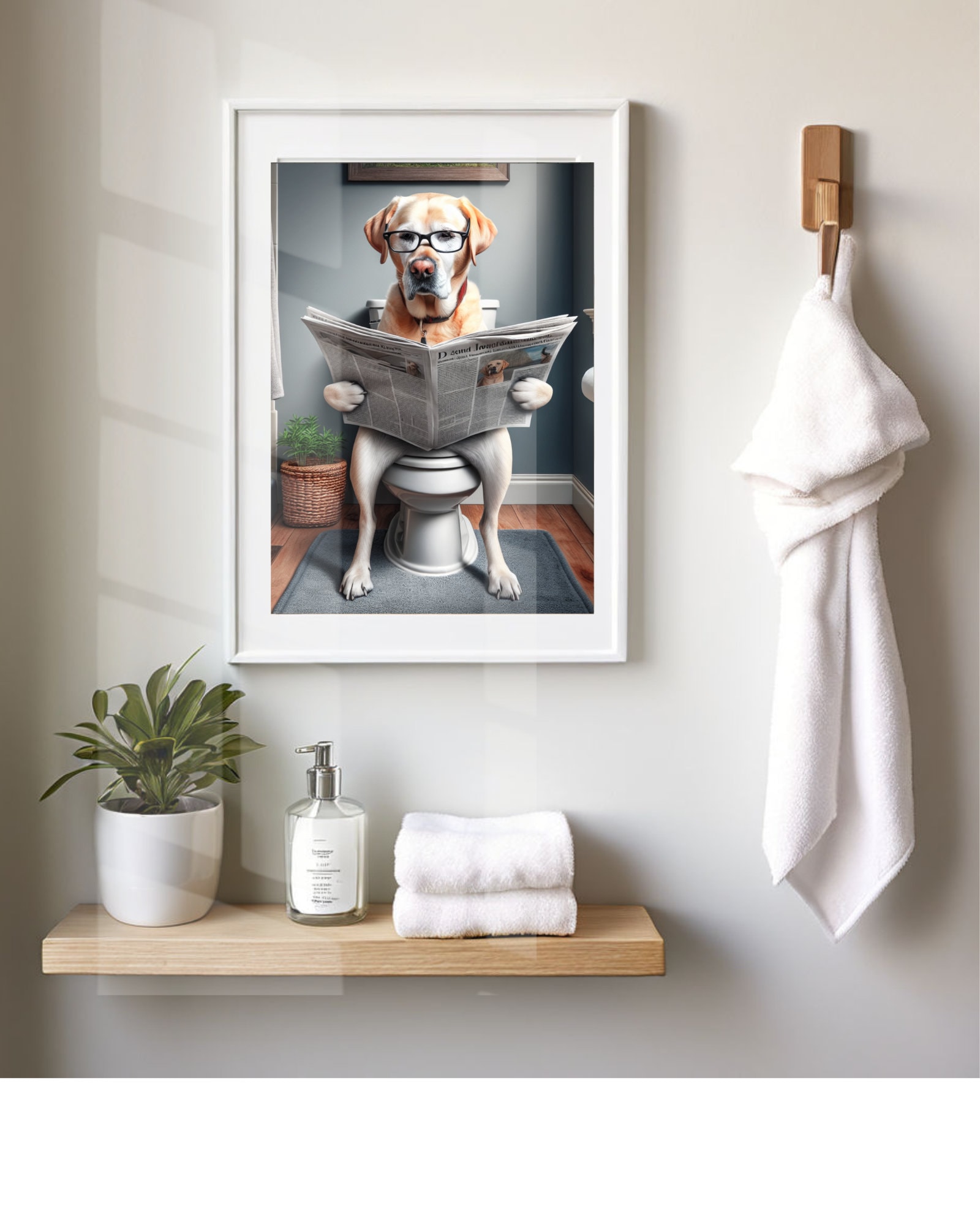 Yellow Lab Reading Newspaper on Toilet Bathroom Humor Poster Print Art ...