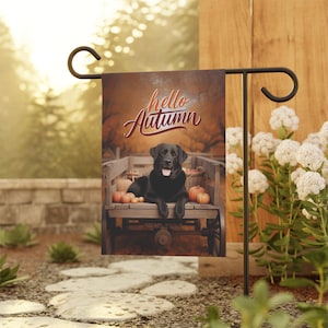Black Lab Flag, Hello Autumn Flag, Lab Outdoor Yard Garden Flag, Dog Garden House Banner, Lab Mom Unique Gift, Pumpkin Latte Dog Decor