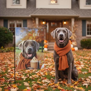 Silver Lab Flag, Hello Fall Flag, Lab Outdoor Yard Garden Flag, Dog Garden House Banner, Lab Mom Unique Gift, Pumpkin Latte Autumn Dog Decor