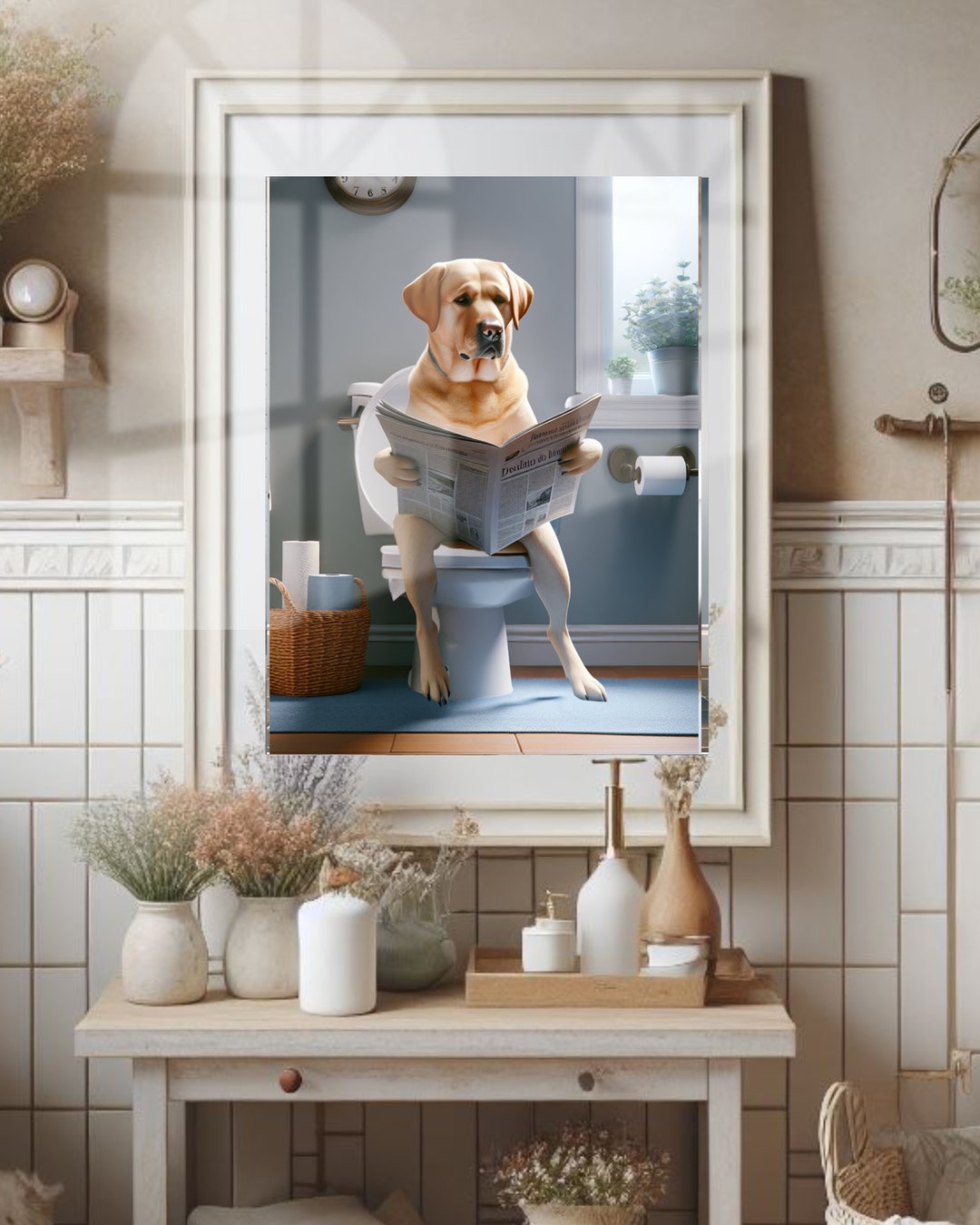 Yellow Lab Reading Newspaper on Toilet Bathroom Humor Poster Print ...