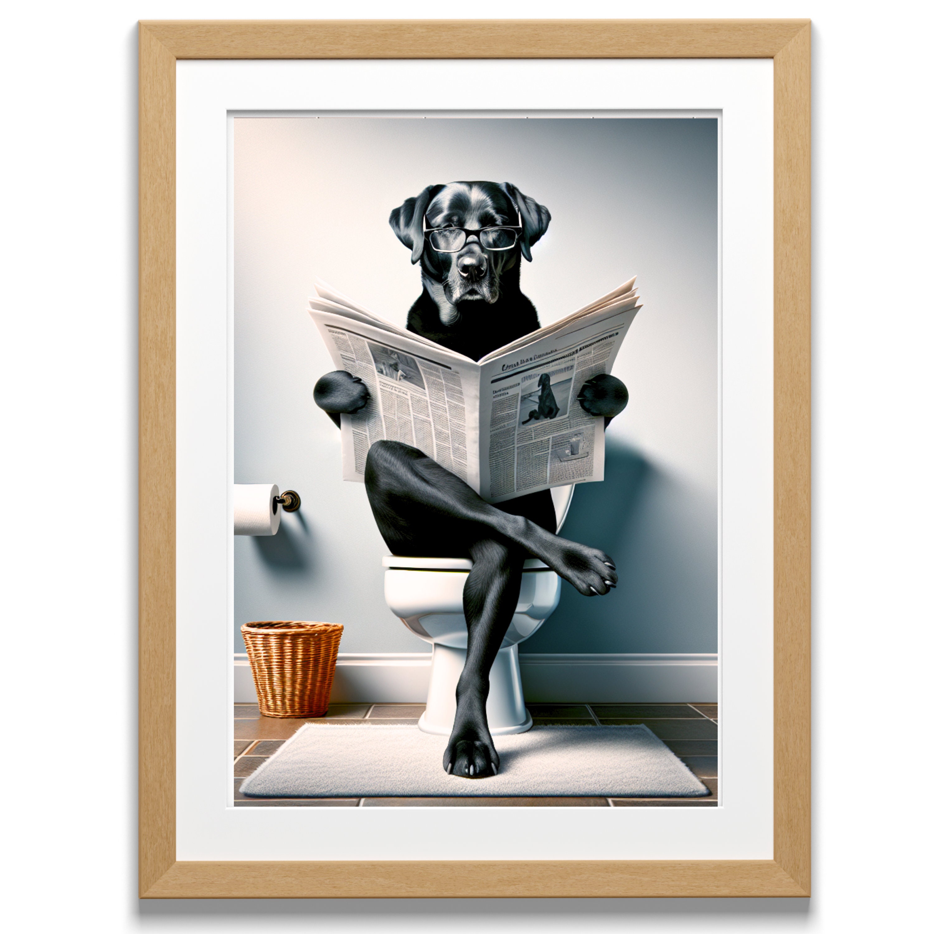 Black Lab Reading Newspaper on Toilet Bathroom Humor Poster Print Black ...