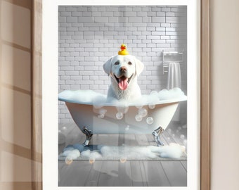 May include: A white Labrador Retriever dog sits in a white bathtub with a yellow rubber duck on its head. The dog is smiling and has its tongue sticking out. There are bubbles in the bathtub and on the floor.