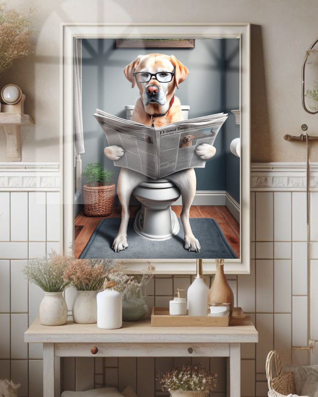 Yellow Lab Reading Newspaper on Toilet Bathroom Humor Poster Print Art ...