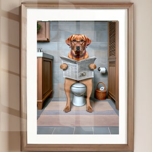 Funny Fox Red Lab Bathroom Poster Print: Dog Reading Newspaper Wall Art (Unframed Print)
