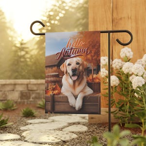 Yellow Lab Flag, Hello Autumn Flag, Lab Outdoor Yard Garden Flag, Dog Garden House Banner, Lab Mom Unique Gift, Pumpkin Latte Dog Decor