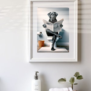 Black Lab Reading Newspaper on Toilet Bathroom Humor Poster Print Black ...