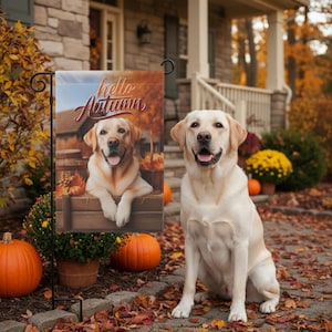 Yellow Lab Flag, Hello Autumn Flag, Lab Outdoor Yard Garden Flag, Dog Garden House Banner, Lab Mom Unique Gift, Pumpkin Latte Dog Decor