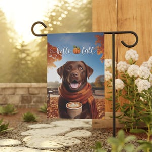 Chocolate Lab Flag, Hello Fall Flag, Lab Outdoor Yard Garden Flag, Dog Garden House Banner, Lab Mom Unique Gift, Pumpkin Latte Autumn Decor
