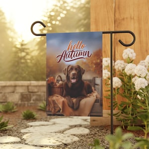 Chocolate Lab Flag, Hello Autumn Flag, Lab Outdoor Yard Garden Flag, Dog Garden House Banner, Lab Mom Unique Gift, Pumpkin Latte Dog Decor