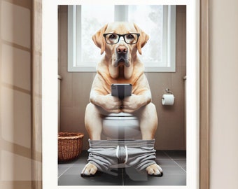 Funny Yellow Lab Bathroom Poster Print: Dog on Toilet with Phone Wall Art (Unframed Print)