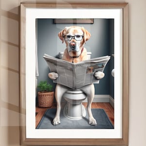 Yellow Lab Reading Newspaper on Toilet Bathroom Humor Poster Print Art ...
