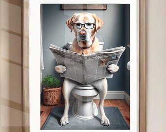 Yellow Lab Reading Newspaper on Toilet Bathroom Humor Poster Print Art Unframed Yellow Labrador Retriever Funny Dog Bath Picture Dog Toilet
