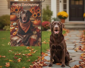 Thanksgiving Chocolate Labrador Flag, Fall Garden & House Flag, Rustic Plaid Blanket, Pumpkins, Sunflowers and Autumn Decor, Dog Lover Gift