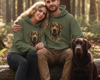 Camo Labrador Retriever Hoodie, Deer Hunting Dog Art Sweatshirt, Minimalist Lab Portrait, Outdoors Bird Dog Apparel, Small Game Hunting Dog