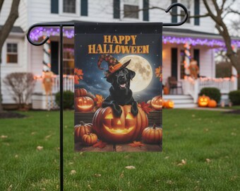 Black Lab Halloween Flag Witch Hat Dog Banner Halloween Yard Decoration Garden & House Flag Outdoor Black Labrador Halloween Decor