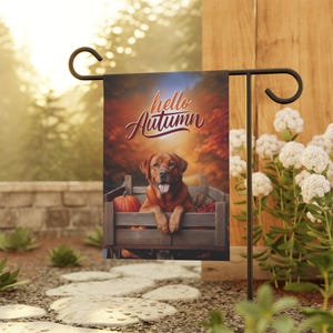 Fox Red Lab Flag, Hello Autumn Flag, Lab Outdoor Yard Garden Flag, Dog Garden House Banner, Lab Mom Unique Gift, Pumpkin Latte Dog Decor