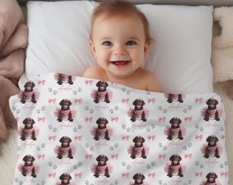 Chocolate Lab Personalized Baby Swaddle Blanket, Puppy, Coquette Bow, Pink Tutu, Newborn Photo Prop, Coming Home Outfit, Receiving Blanket
