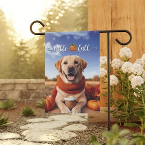 Yellow Lab Flag, Hello Fall Flag, Lab Outdoor Yard Garden Flag, Dog Garden House Banner, Lab Mom Unique Gift, Pumpkin Latte Autumn Decor