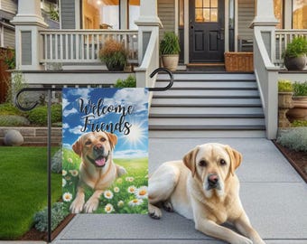 May include: A welcome garden flag with a yellow Labrador Retriever lying in a field of daisies. The flag reads "Welcome Friends".