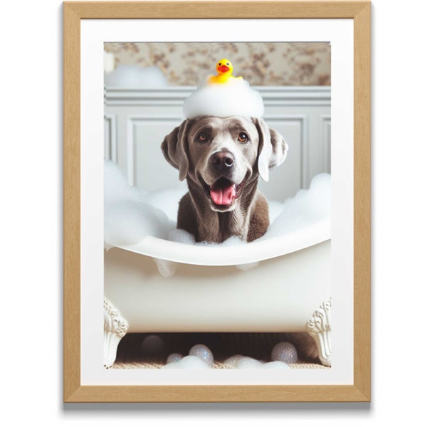 Silver Lab Bathroom in the Tub with a Rubber Ducky Poster Print Silver Labrador Retriever Bath Funny Dog Bath Shower Picture Bathroom Humor